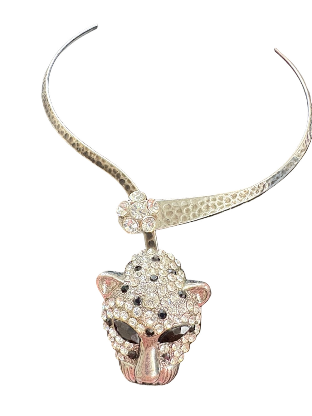 Vintage Crystal Panther Pendant Collar Hammered Silver Colour Necklace